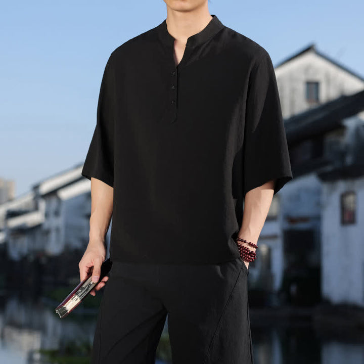 Buddha Stones Camisas de manga tres botones con cuello mandarín para hombre, ideales para el verano. - image 15