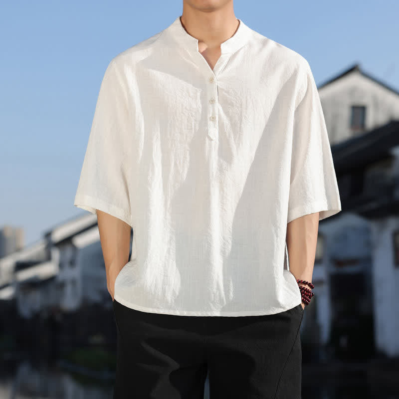 Buddha Stones Camisas de manga tres botones con cuello mandarín para hombre, ideales para el verano. - Blanco - US/UK/AU48，EU58(5XL) - image 0