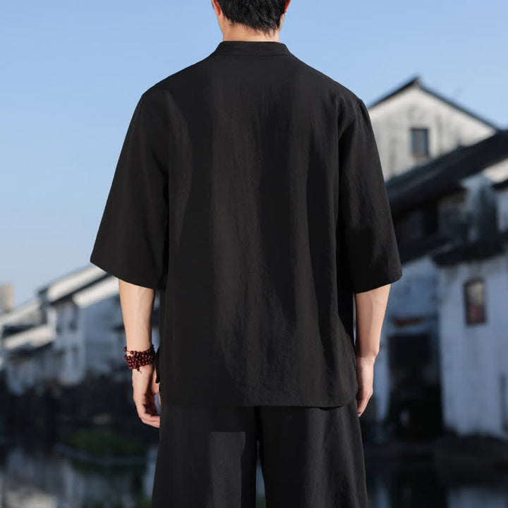 Buddha Stones Camisas de manga tres botones con cuello mandarín para hombre, ideales para el verano. - image 10