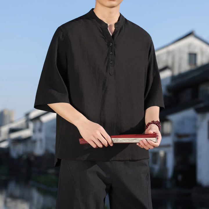 Buddha Stones Camisas de manga tres botones con cuello mandarín para hombre, ideales para el verano. - image 16