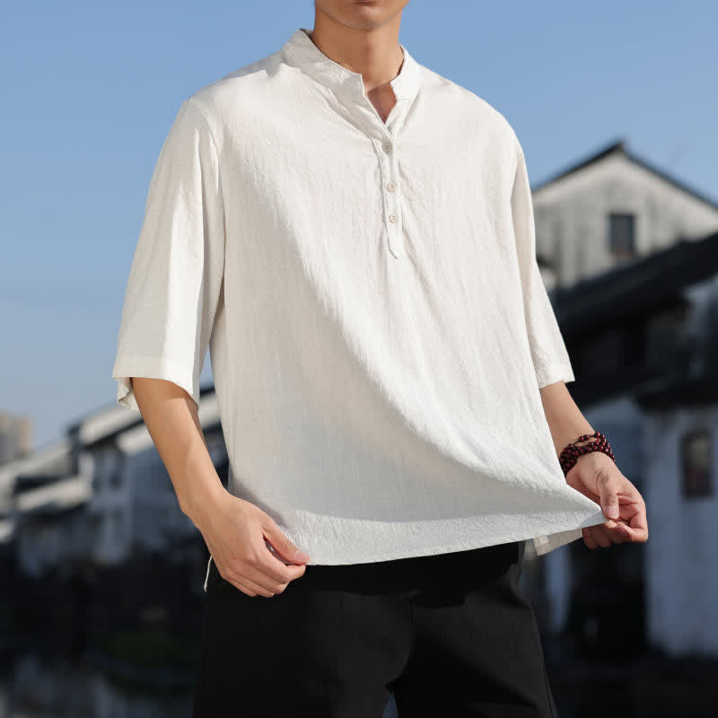 Buddha Stones Camisas de manga tres botones con cuello mandarín para hombre, ideales para el verano. - image 5