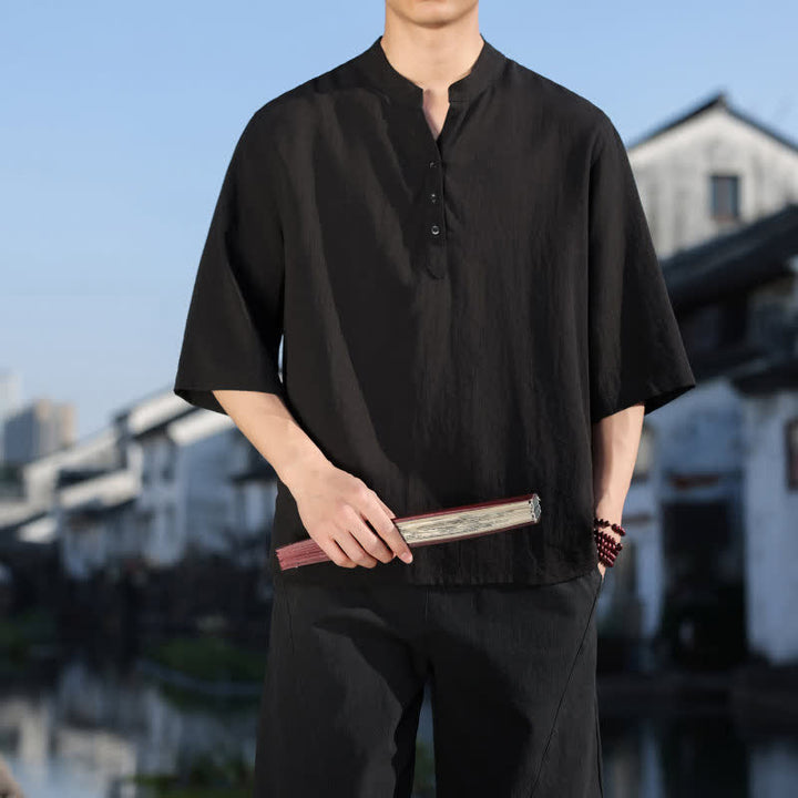 Buddha Stones Camisas de manga tres botones con cuello mandarín para hombre, ideales para el verano. - image 8