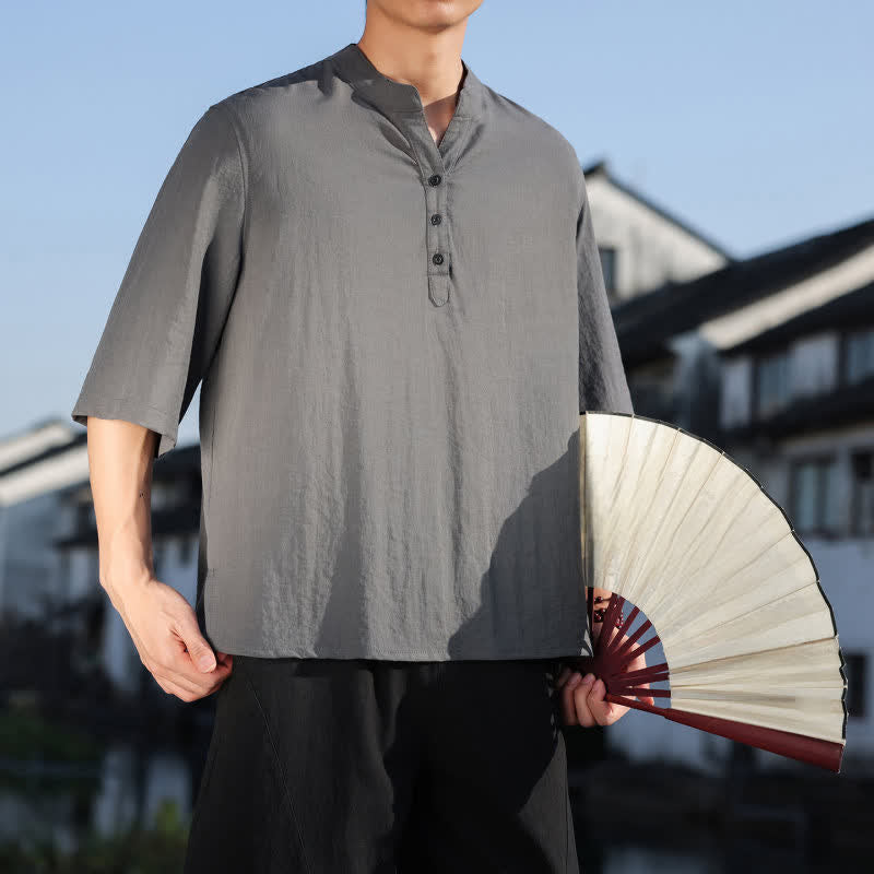 Buddha Stones Camisas de manga tres botones con cuello mandarín para hombre, ideales para el verano. - image 22