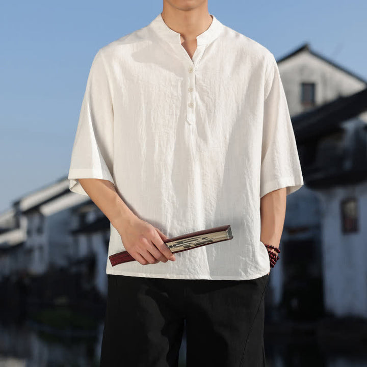 Buddha Stones Camisas de manga tres botones con cuello mandarín para hombre, ideales para el verano. - image 1