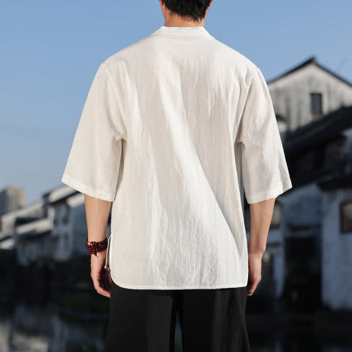 Buddha Stones Camisas de manga tres botones con cuello mandarín para hombre, ideales para el verano. - image 3