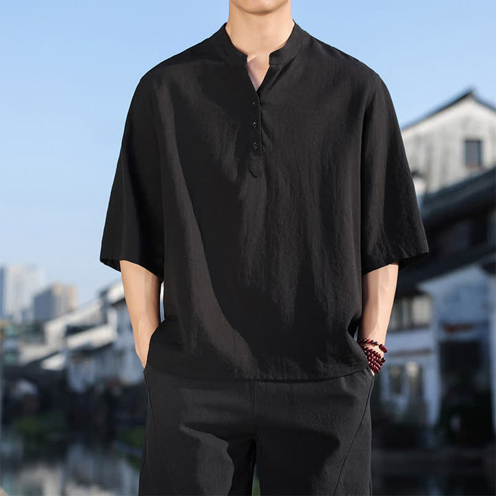 Buddha Stones Camisas de manga tres botones con cuello mandarín para hombre, ideales para el verano. - Negro - US/UK/AU48，EU58(5XL) - image 7