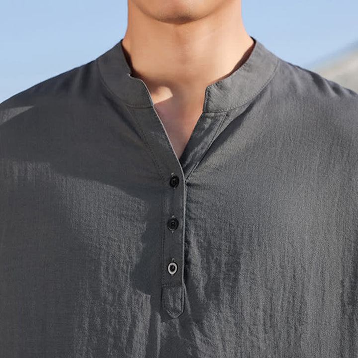 Buddha Stones Camisas de manga tres botones con cuello mandarín para hombre, ideales para el verano. - image 24