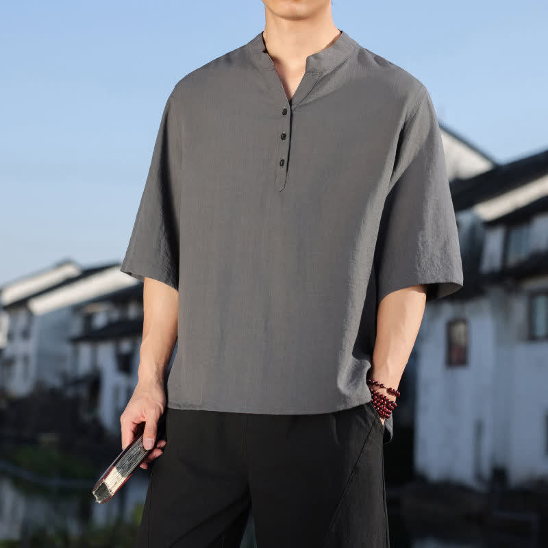 Buddha Stones Camisas de manga tres botones con cuello mandarín para hombre, ideales para el verano. - image 19