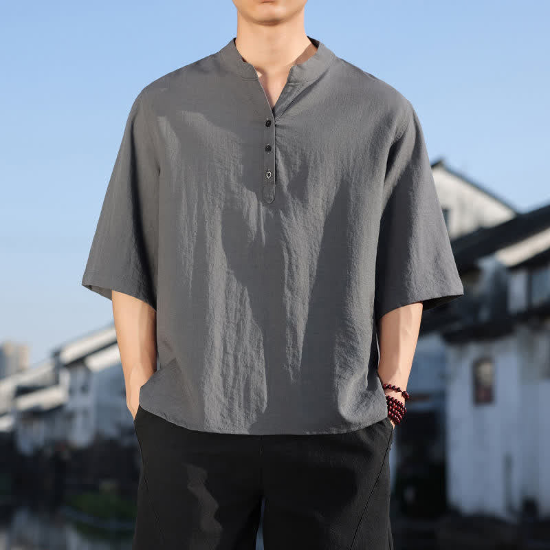 Buddha Stones Camisas de manga tres botones con cuello mandarín para hombre, ideales para el verano. - Gris - US/UK/AU48，EU58(5XL) - image 17