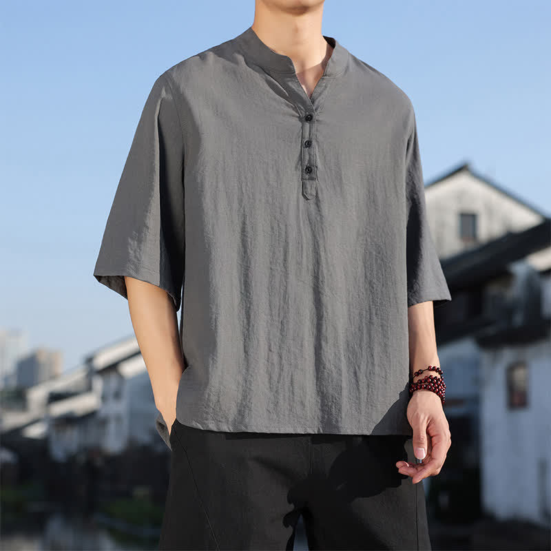 Buddha Stones Camisas de manga tres botones con cuello mandarín para hombre, ideales para el verano. - image 23