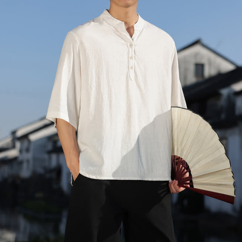 Buddha Stones Camisas de manga tres botones con cuello mandarín para hombre, ideales para el verano. - image 4