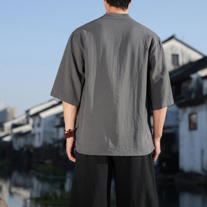 Buddha Stones Camisas de manga tres botones con cuello mandarín para hombre, ideales para el verano. - image 20