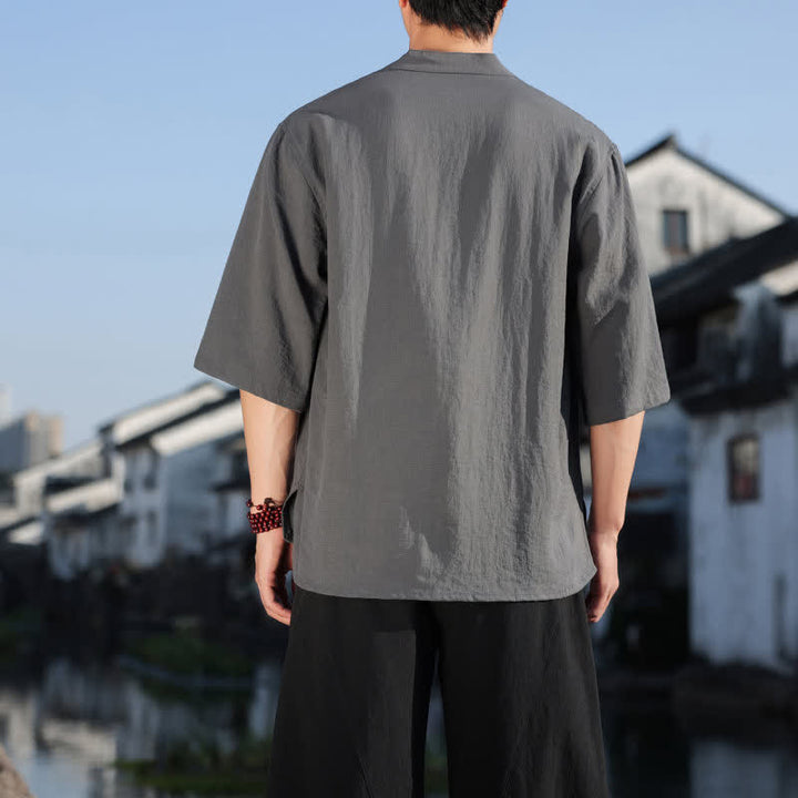 Buddha Stones Camisas de manga tres botones con cuello mandarín para hombre, ideales para el verano. - image 20