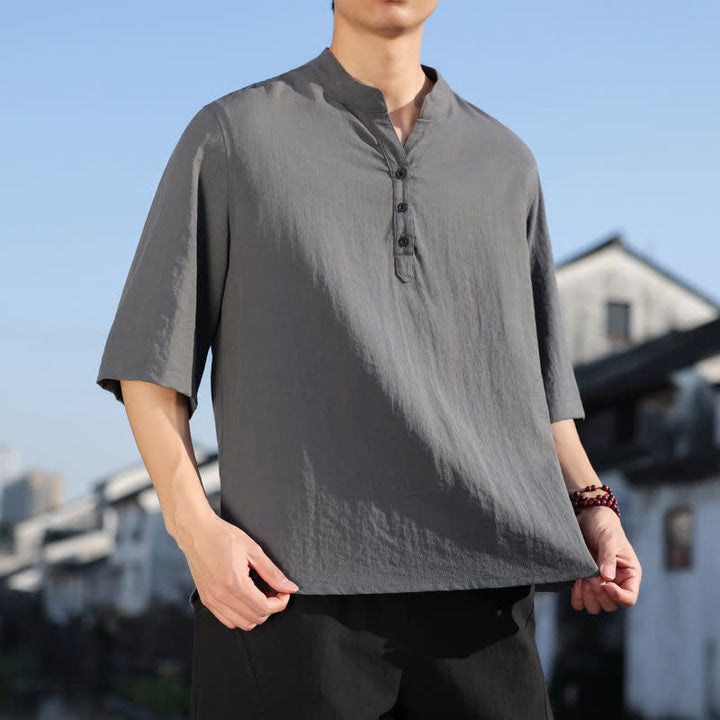 Buddha Stones Camisas de manga tres botones con cuello mandarín para hombre, ideales para el verano. - image 21
