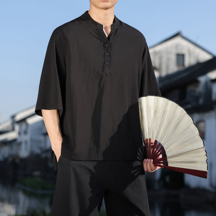 Buddha Stones Camisas de manga tres botones con cuello mandarín para hombre, ideales para el verano. - image 9