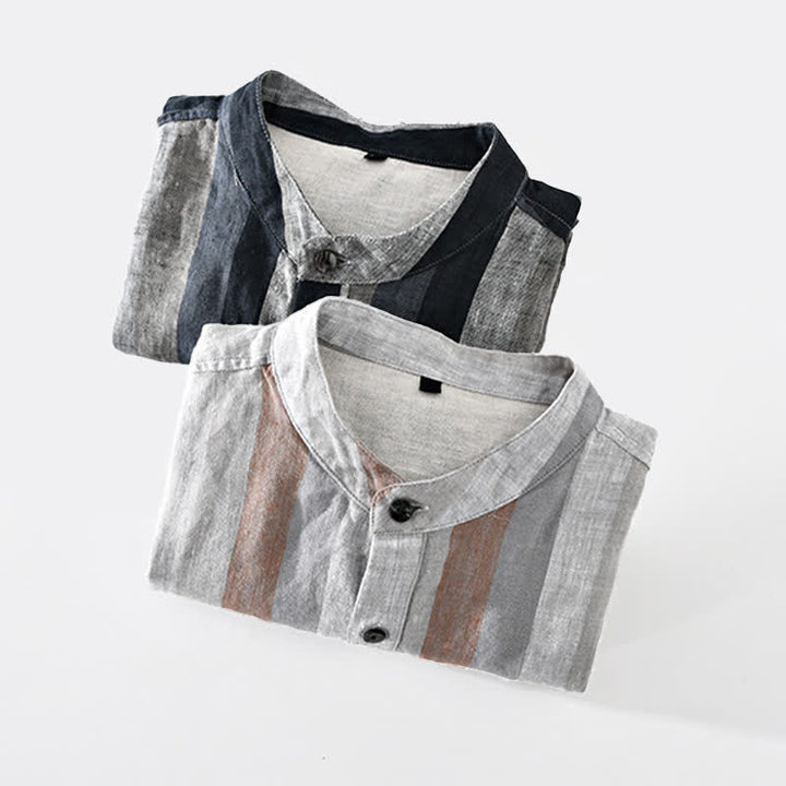 Buddha Stones Camisa de lino a rayas para hombre, estilo vintage de verano, con cuello mandarín, botones y bolsillo de parche. - image 16