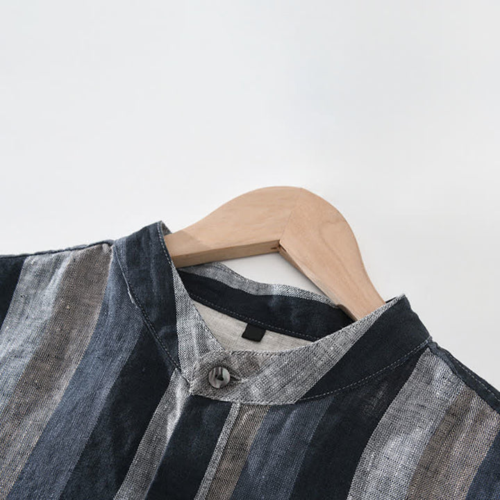 Buddha Stones Camisa de lino a rayas para hombre, estilo vintage de verano, con cuello mandarín, botones y bolsillo de parche. - image 11