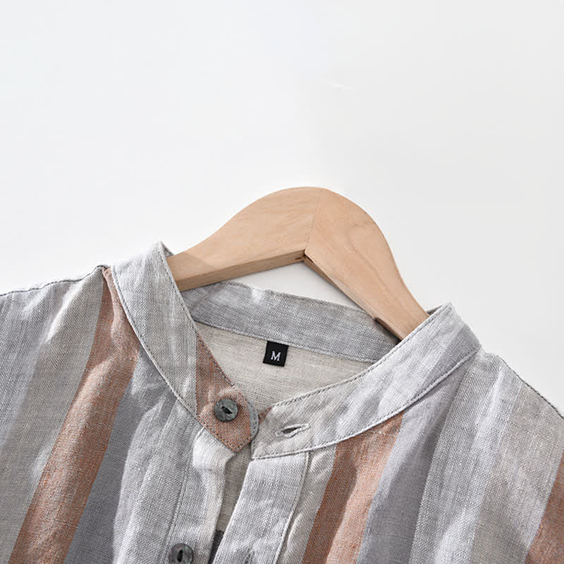 Buddha Stones Camisa de lino a rayas para hombre, estilo vintage de verano, con cuello mandarín, botones y bolsillo de parche. - image 3