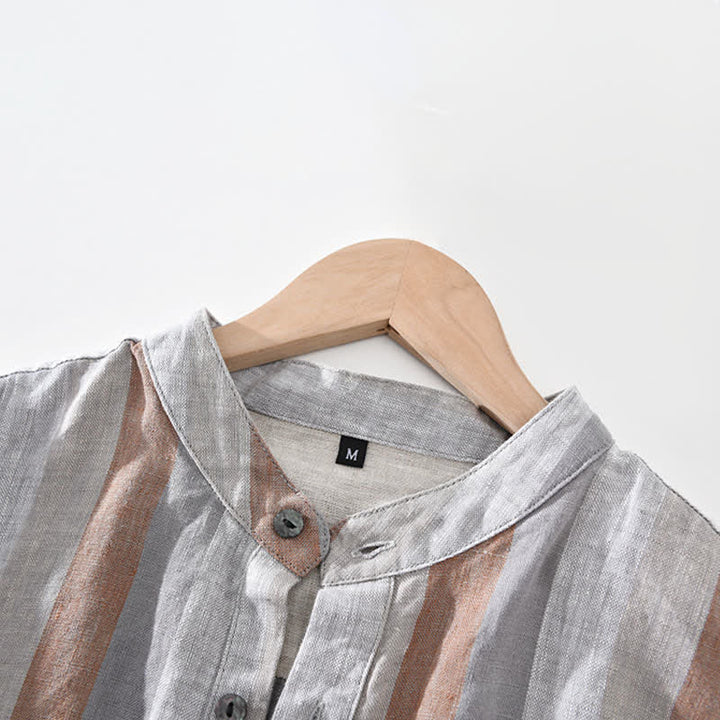 Buddha Stones Camisa de lino a rayas para hombre, estilo vintage de verano, con cuello mandarín, botones y bolsillo de parche. - image 3