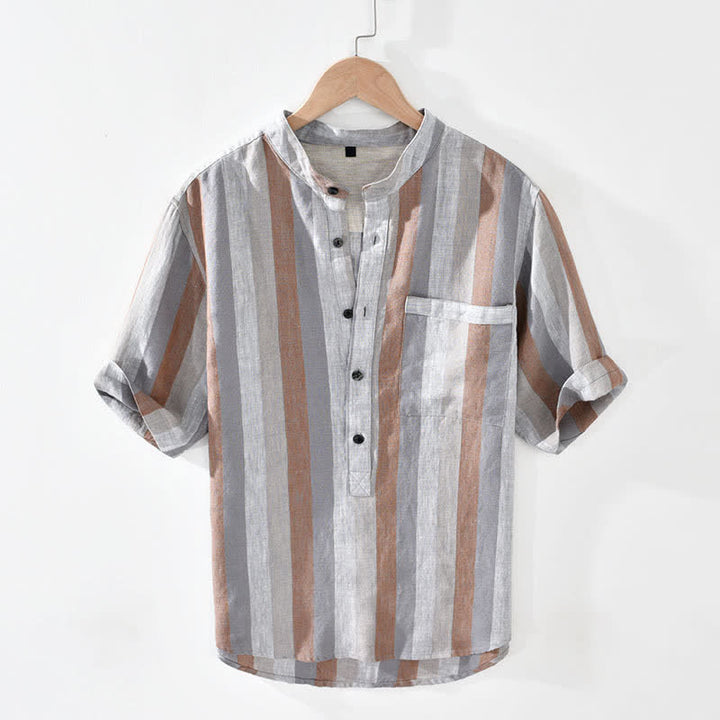 Buddha Stones Camisa de lino a rayas para hombre, estilo vintage de verano, con cuello mandarín, botones y bolsillo de parche. - Broncearse - US/UK/AU42, EU52 (3XL) - image 0