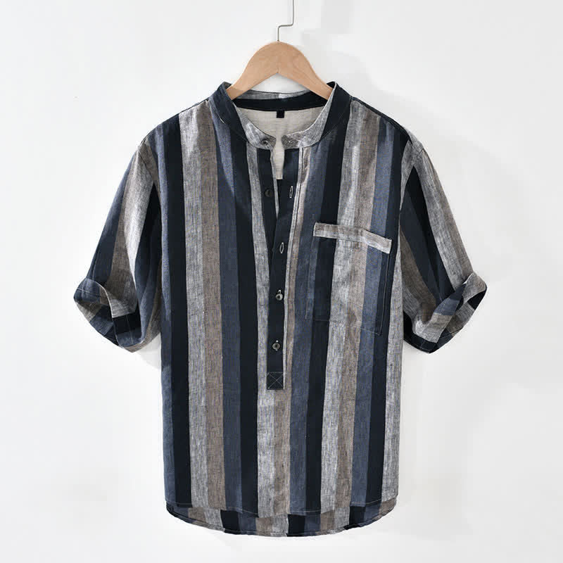 Buddha Stones Camisa de lino a rayas para hombre, estilo vintage de verano, con cuello mandarín, botones y bolsillo de parche. - Gris pizarra - US/UK/AU42, EU52 (3XL) - image 10