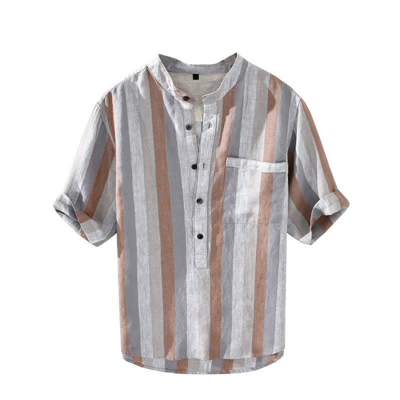 Buddha Stones Camisa de lino a rayas para hombre, estilo vintage de verano, con cuello mandarín, botones y bolsillo de parche. - image 2