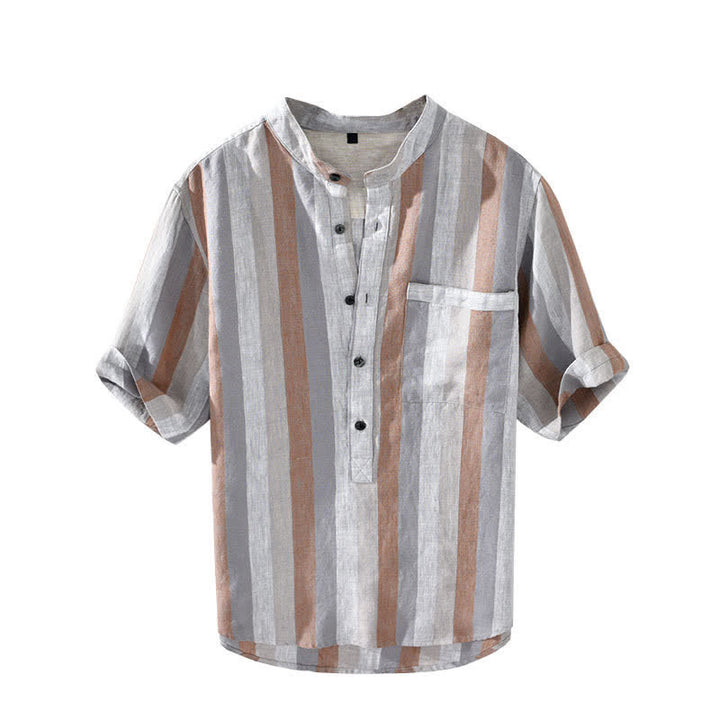 Buddha Stones Camisa de lino a rayas para hombre, estilo vintage de verano, con cuello mandarín, botones y bolsillo de parche. - image 2