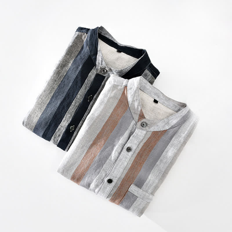 Buddha Stones Camisa de lino a rayas para hombre, estilo vintage de verano, con cuello mandarín, botones y bolsillo de parche. - image 15