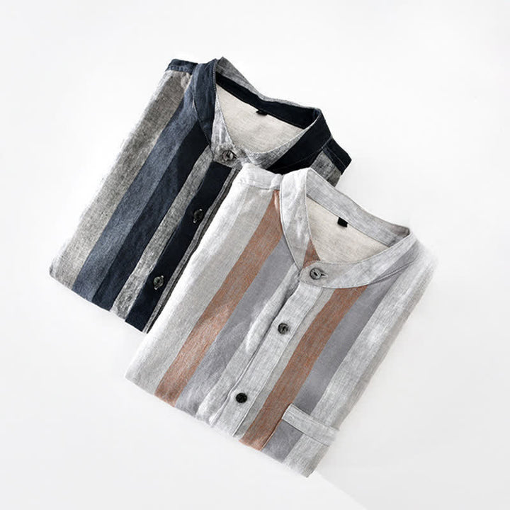 Buddha Stones Camisa de lino a rayas para hombre, estilo vintage de verano, con cuello mandarín, botones y bolsillo de parche. - image 15