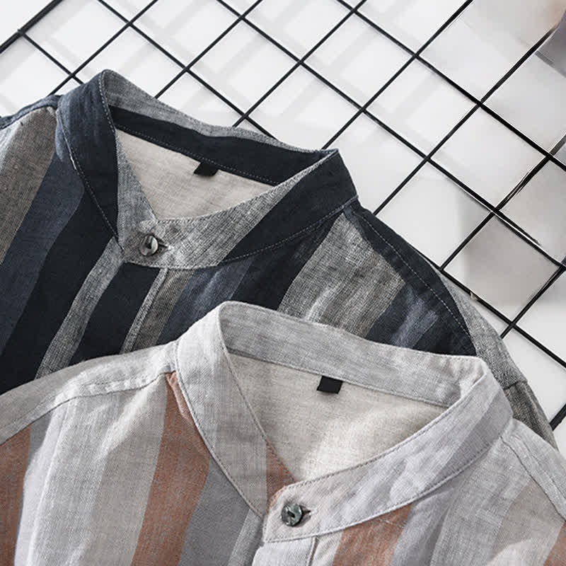 Buddha Stones Camisa de lino a rayas para hombre, estilo vintage de verano, con cuello mandarín, botones y bolsillo de parche. - image 18