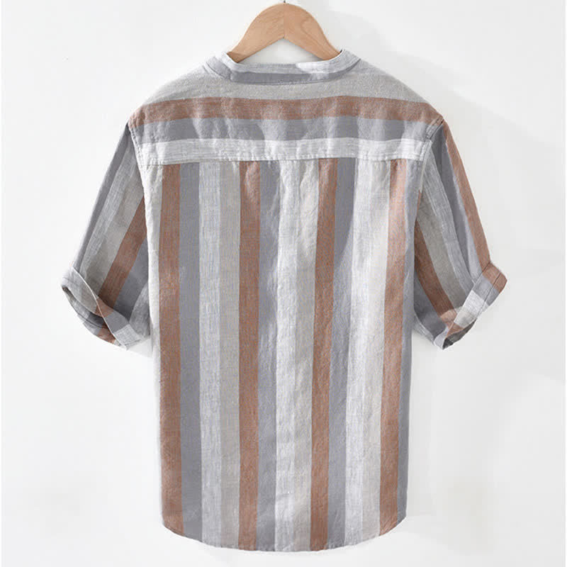 Buddha Stones Camisa de lino a rayas para hombre, estilo vintage de verano, con cuello mandarín, botones y bolsillo de parche. - image 1