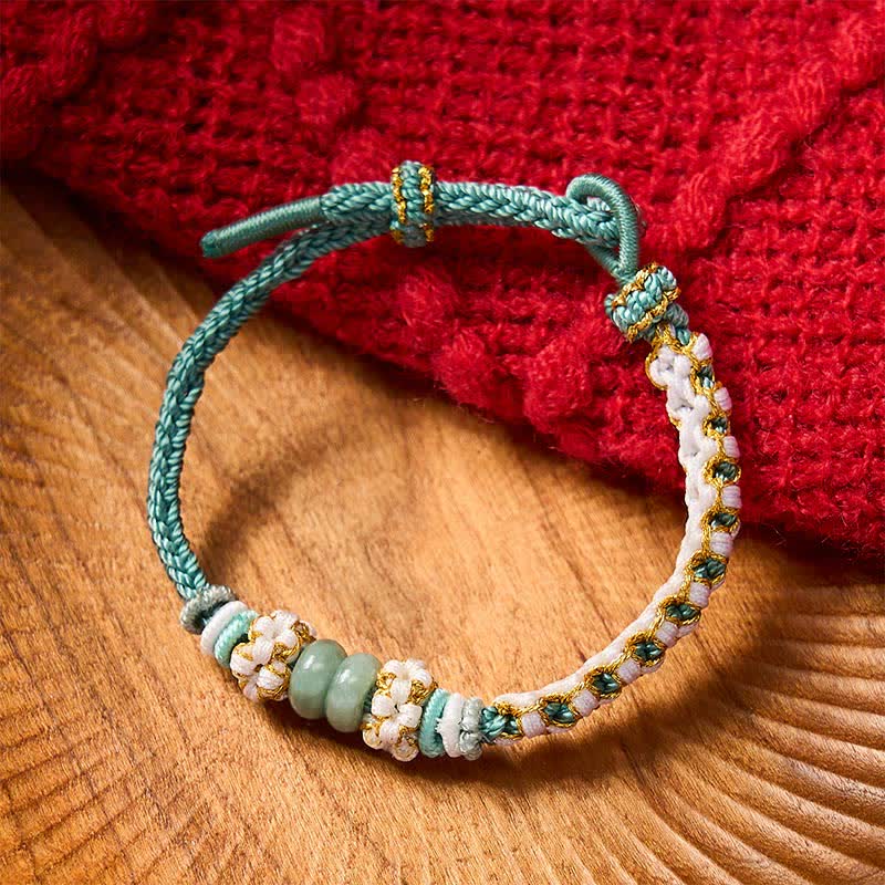 Buddha Stones Pulsera ajustable de jade con nudo chino trenzado hecho a mano y flores de durazno, símbolo de buena suerte. - image 35