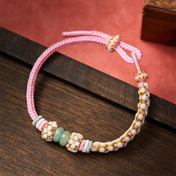 Buddha Stones Pulsera ajustable de jade con nudo chino trenzado hecho a mano y flores de durazno, símbolo de buena suerte. - Rosa - 15-20 cm - image 14