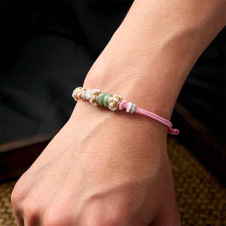 Buddha Stones Pulsera ajustable de jade con nudo chino trenzado hecho a mano y flores de durazno, símbolo de buena suerte. - image 19
