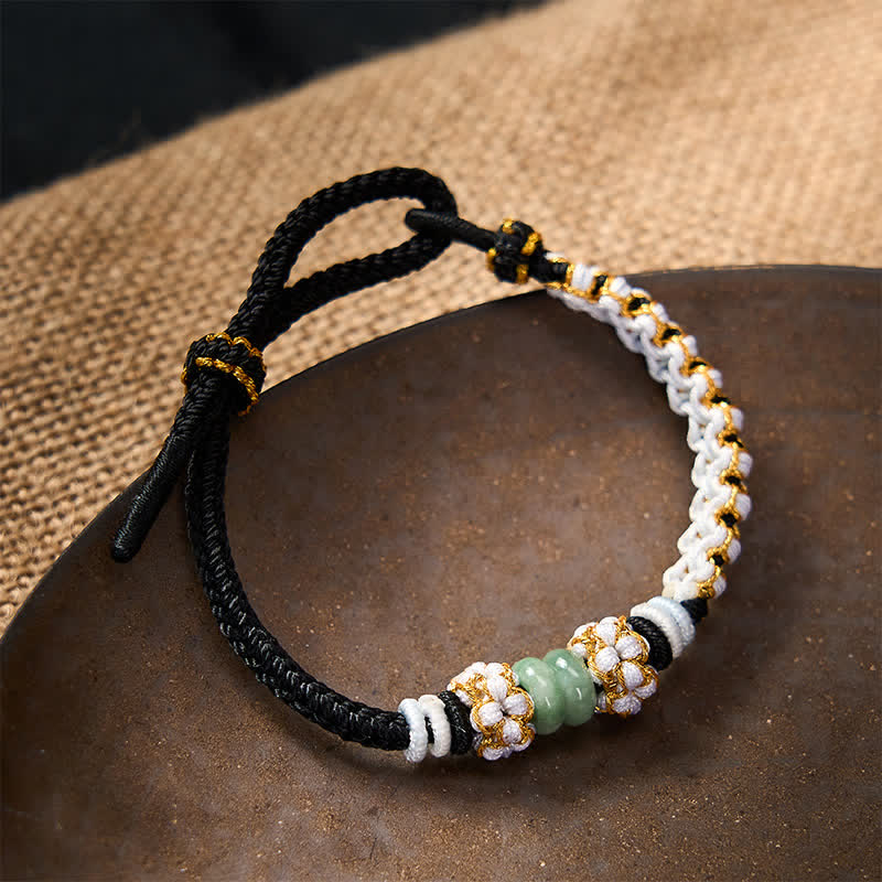 Buddha Stones Pulsera ajustable de jade con nudo chino trenzado hecho a mano y flores de durazno, símbolo de buena suerte. - image 10