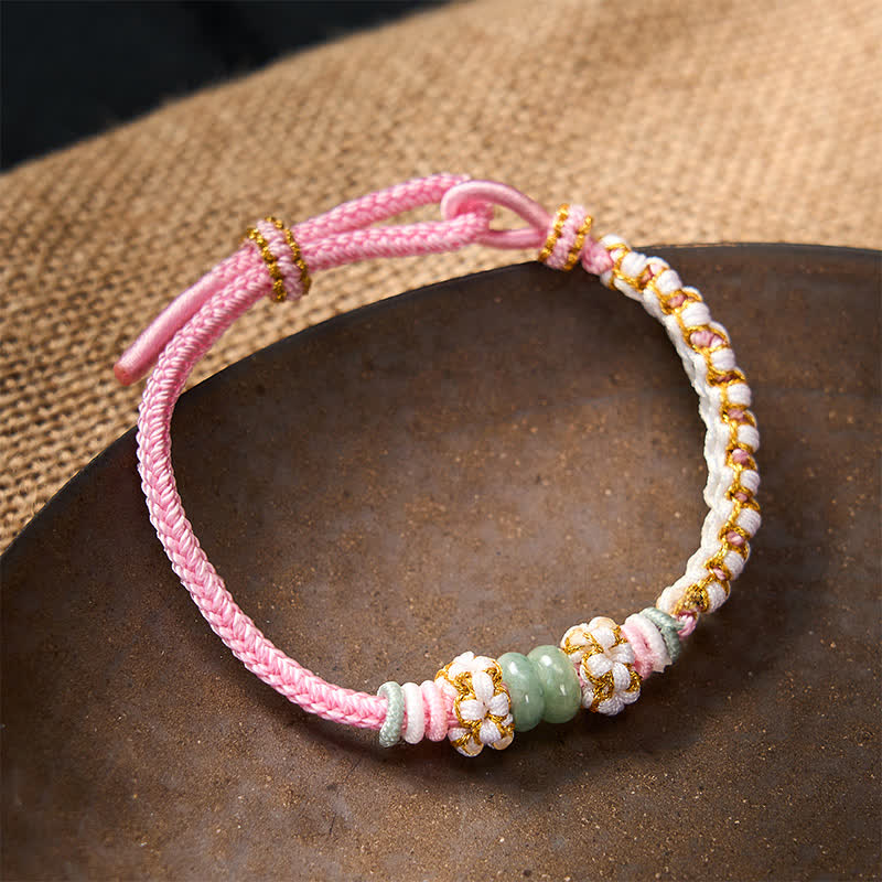 Buddha Stones Pulsera ajustable de jade con nudo chino trenzado hecho a mano y flores de durazno, símbolo de buena suerte. - image 16