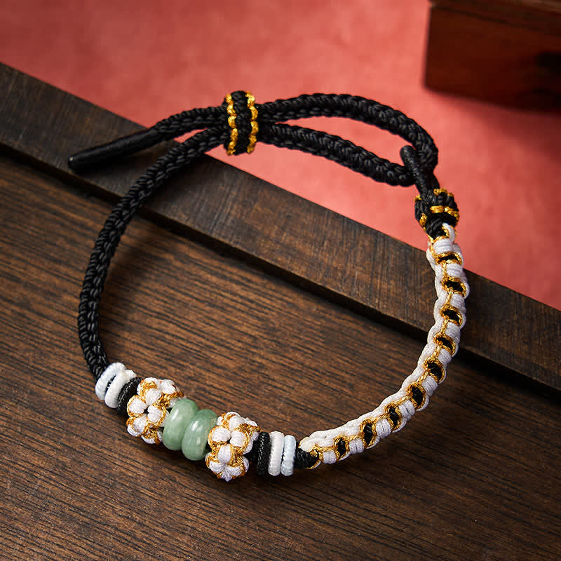 Buddha Stones Pulsera ajustable de jade con nudo chino trenzado hecho a mano y flores de durazno, símbolo de buena suerte. - Negro - 15-20 cm - image 8