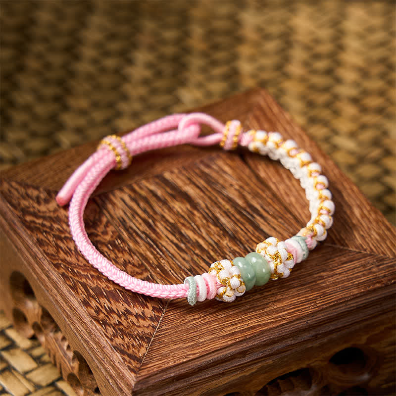 Buddha Stones Pulsera ajustable de jade con nudo chino trenzado hecho a mano y flores de durazno, símbolo de buena suerte. - image 18