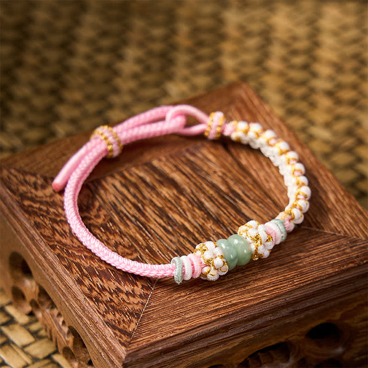 Buddha Stones Pulsera ajustable de jade con nudo chino trenzado hecho a mano y flores de durazno, símbolo de buena suerte. - image 18