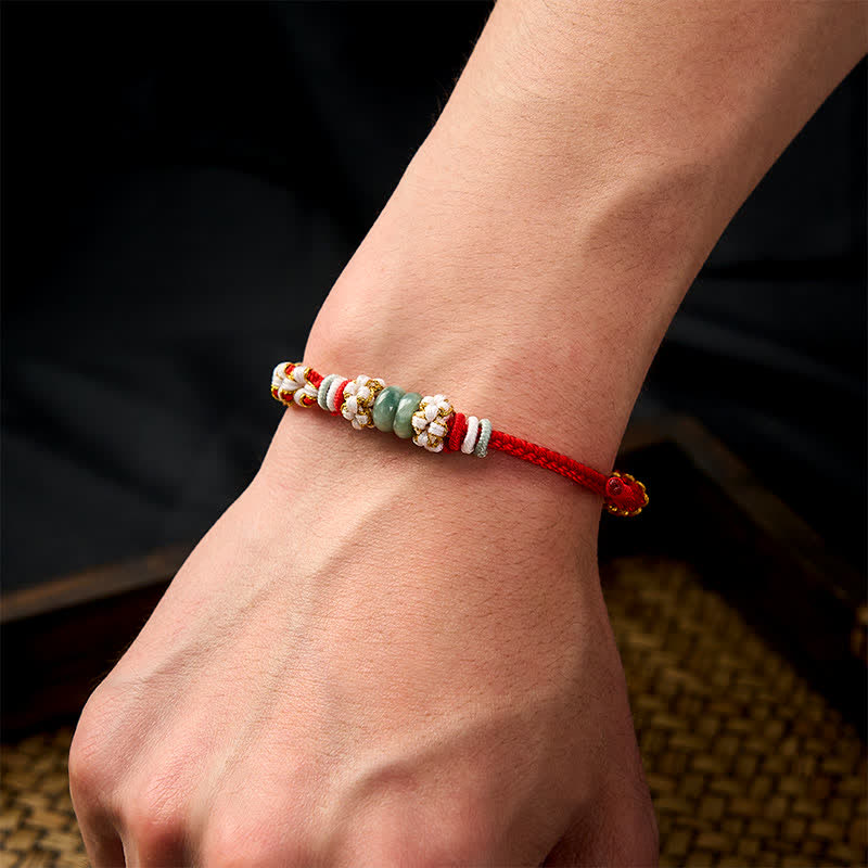 Buddha Stones Pulsera ajustable de jade con nudo chino trenzado hecho a mano y flores de durazno, símbolo de buena suerte. - image 5