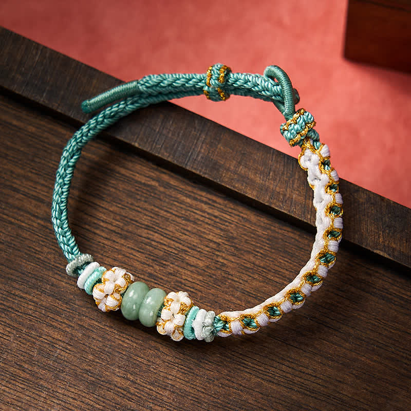 Buddha Stones Pulsera ajustable de jade con nudo chino trenzado hecho a mano y flores de durazno, símbolo de buena suerte. - Verde - 15-20 cm - image 32