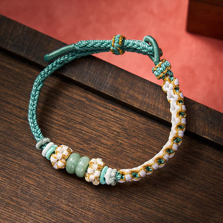 Buddha Stones Pulsera ajustable de jade con nudo chino trenzado hecho a mano y flores de durazno, símbolo de buena suerte. - Verde - 15-20 cm - image 32