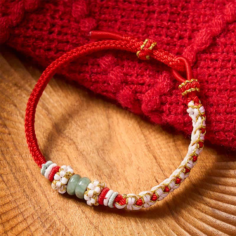 Buddha Stones Pulsera ajustable de jade con nudo chino trenzado hecho a mano y flores de durazno, símbolo de buena suerte. - image 3