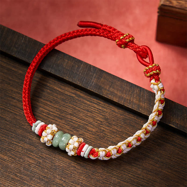 Buddha Stones Pulsera ajustable de jade con nudo chino trenzado hecho a mano y flores de durazno, símbolo de buena suerte. - Rojo - 15-20 cm - image 0