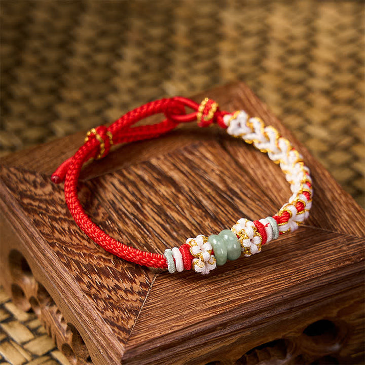 Buddha Stones Pulsera ajustable de jade con nudo chino trenzado hecho a mano y flores de durazno, símbolo de buena suerte. - image 4