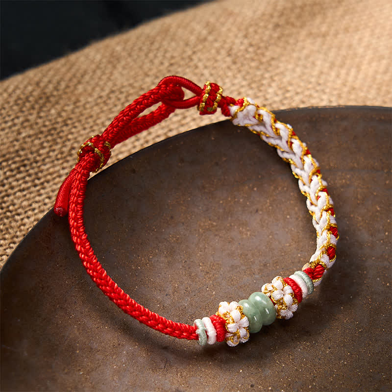 Buddha Stones Pulsera ajustable de jade con nudo chino trenzado hecho a mano y flores de durazno, símbolo de buena suerte. - image 2