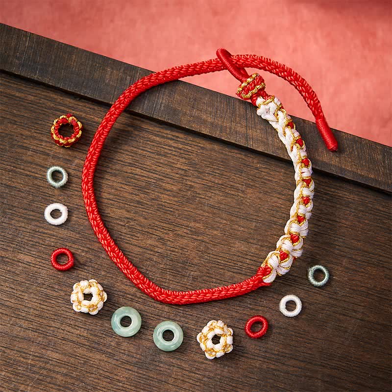 Buddha Stones Pulsera ajustable de jade con nudo chino trenzado hecho a mano y flores de durazno, símbolo de buena suerte. - image 1