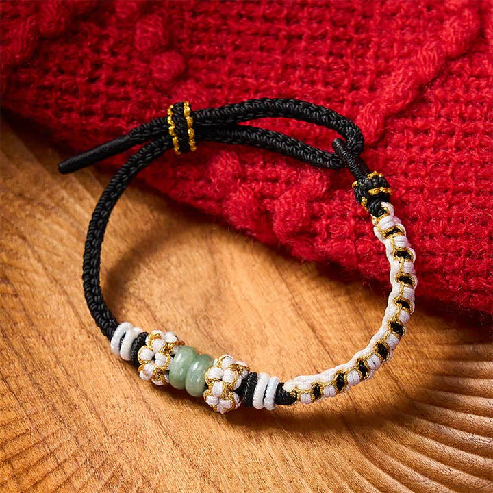 Buddha Stones Pulsera ajustable de jade con nudo chino trenzado hecho a mano y flores de durazno, símbolo de buena suerte. - image 11