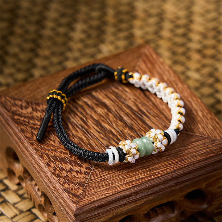 Buddha Stones Pulsera ajustable de jade con nudo chino trenzado hecho a mano y flores de durazno, símbolo de buena suerte. - image 12