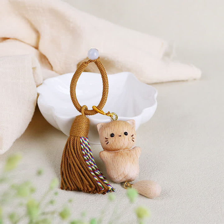 Buddha Stones Llaveros con borla hechos a mano de madera de haya con diseño de gato de la suerte - Cuerda naranja - Madera de haya (Claridad ♥ Energía de conexión a tierra) - image 6